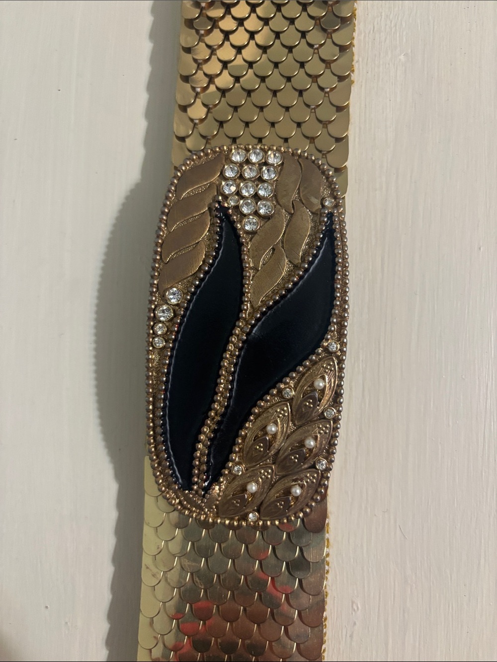 Vintage 80s Belt Gold Scale Elastic Buckle With Rhinestone Pearl Details